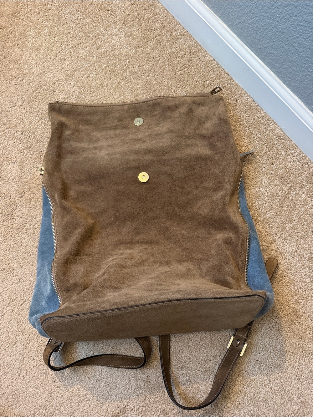 Lipault Paris Suede Fold-Over Backpack Bag in Brown and Blue - Picture 11 of 16